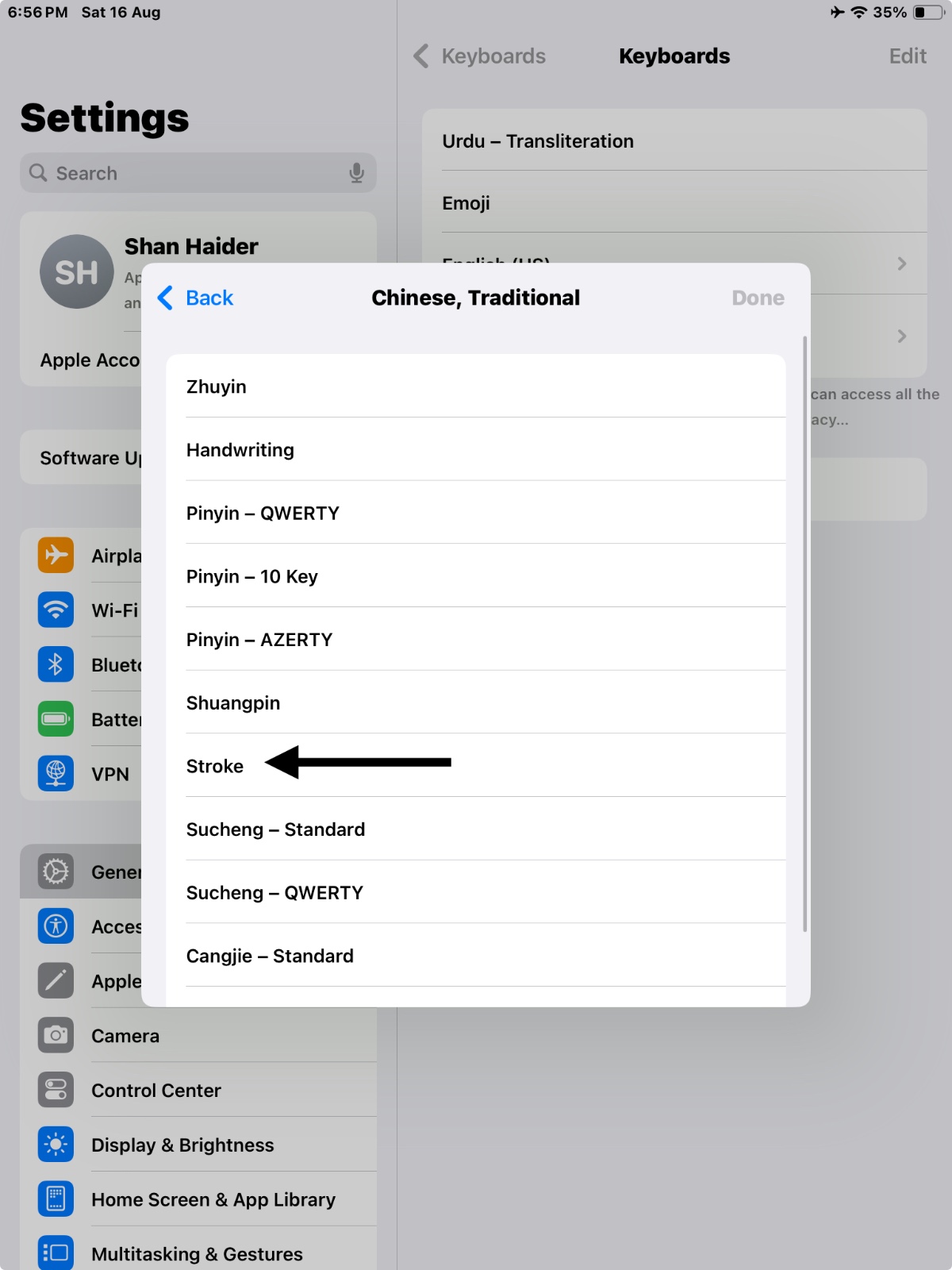 Chinese Stroke keyboard option